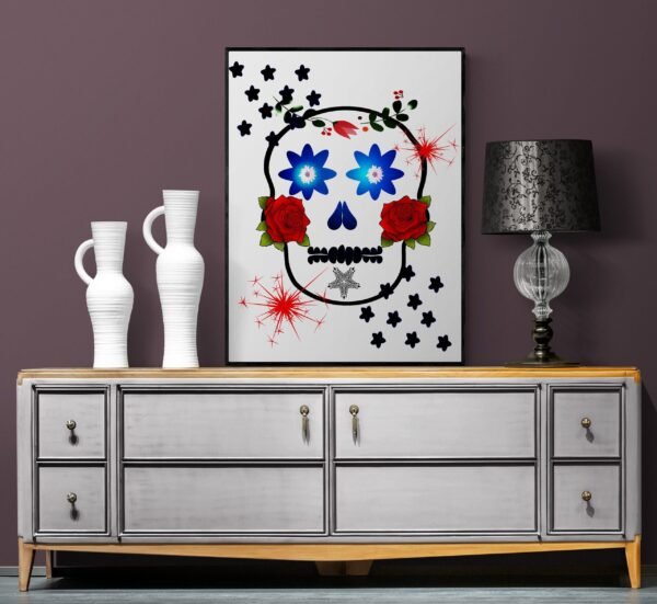 Skull Print Art, Flower Skull Poster Home Decor, Boho Skull Wall Art, Digital Download, PRINTABLE Skull Canvas Art